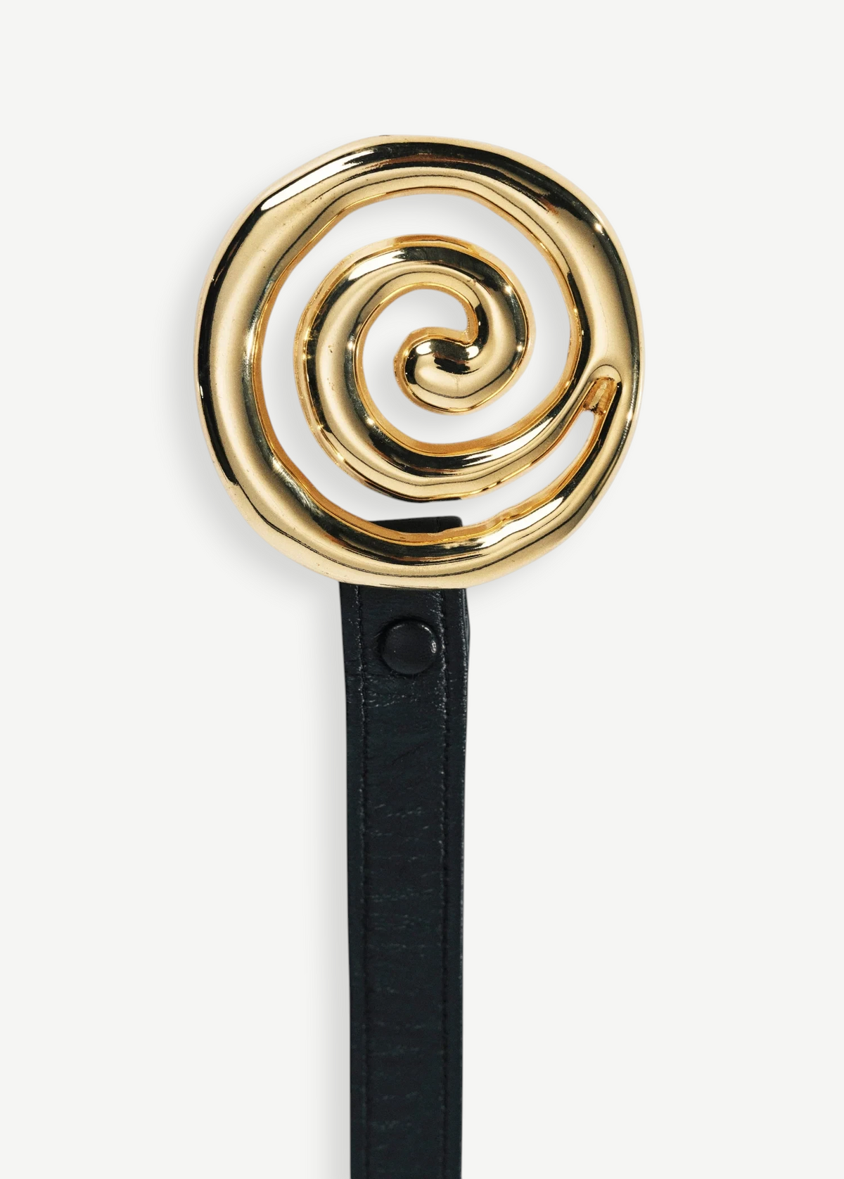 KABE SHOP INC Koru Belt featuring a sculptural gold spiral buckle on a black Italian calfskin leather strap.
