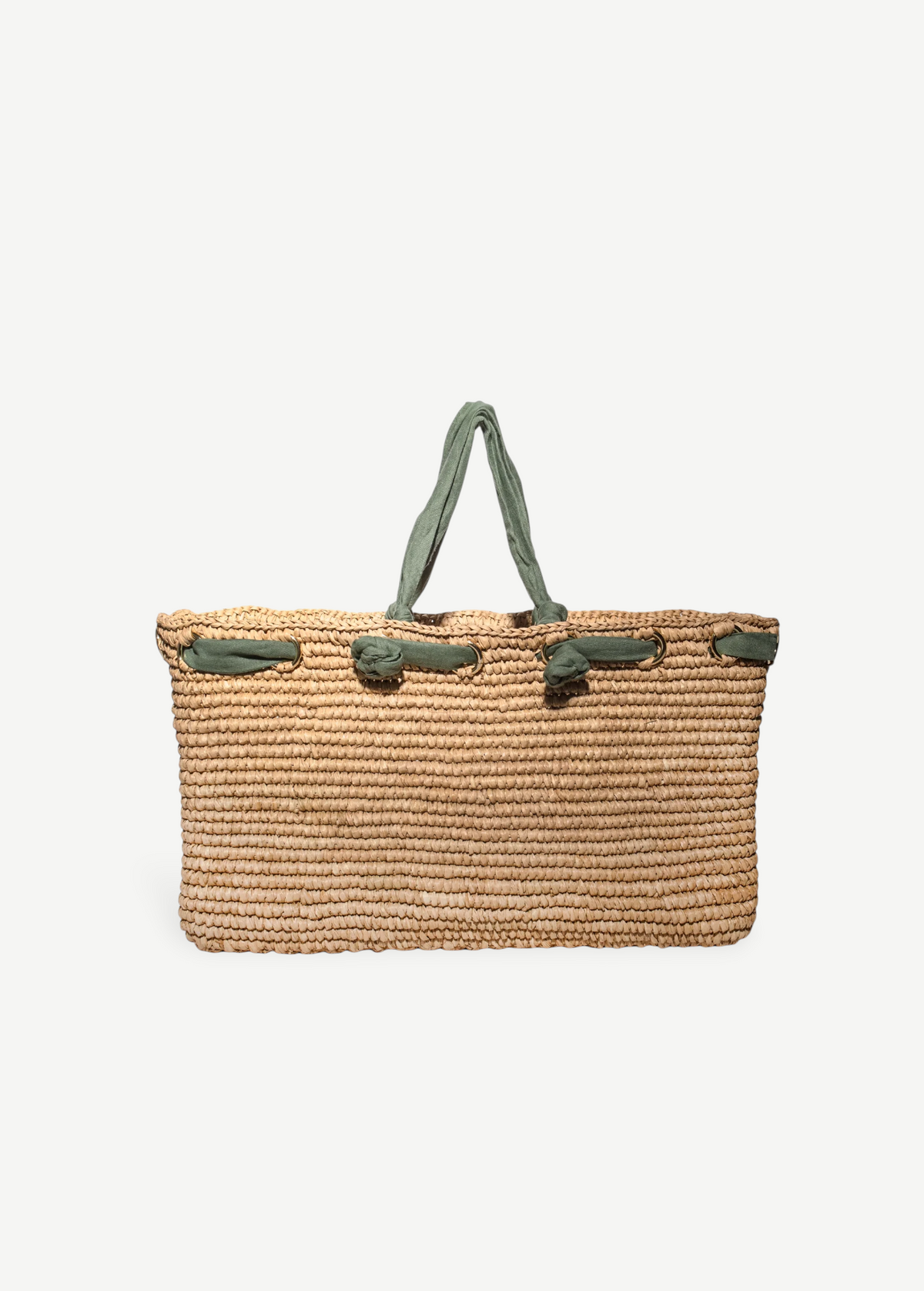 KABE SHOP INC rectangular bag handcrafted from natural Toquilla straw with sage green fabric handles and trim