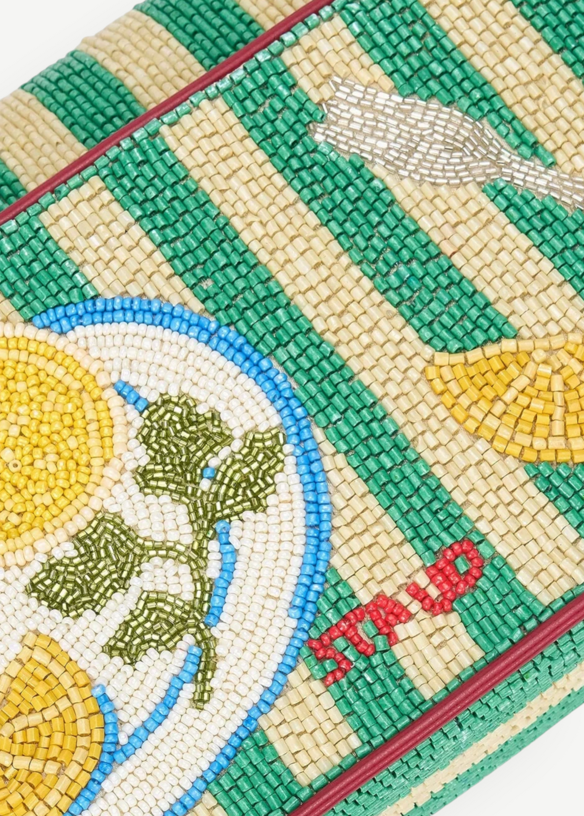 KABE SHOP INC Tommy beaded shoulder bag featuring a green and cream striped pattern with a lemon and cutlery motif.