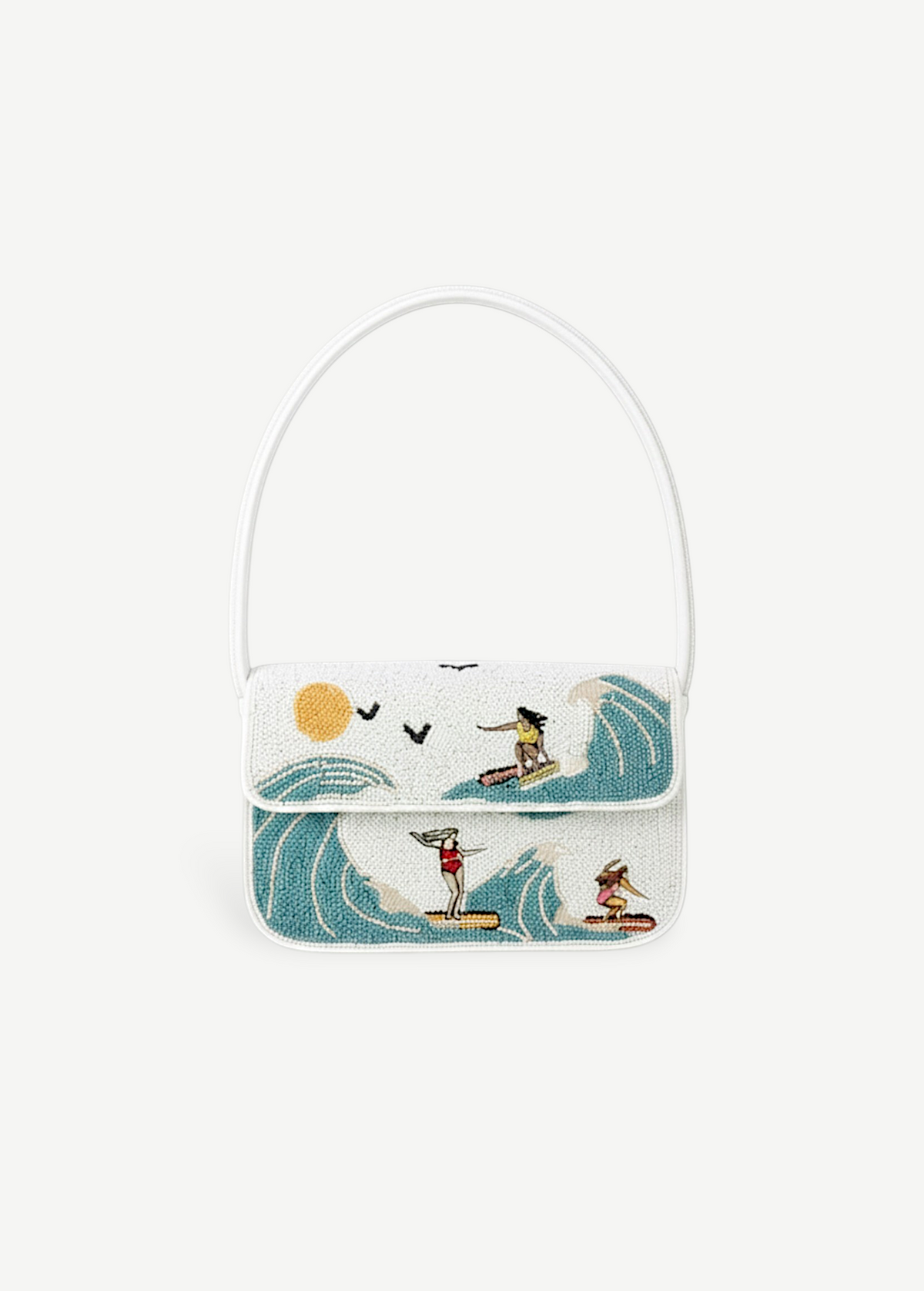 KABE SHOP INC Tommy shoulder bag featuring a white base with a colorful beaded surfing scene and a white handle.