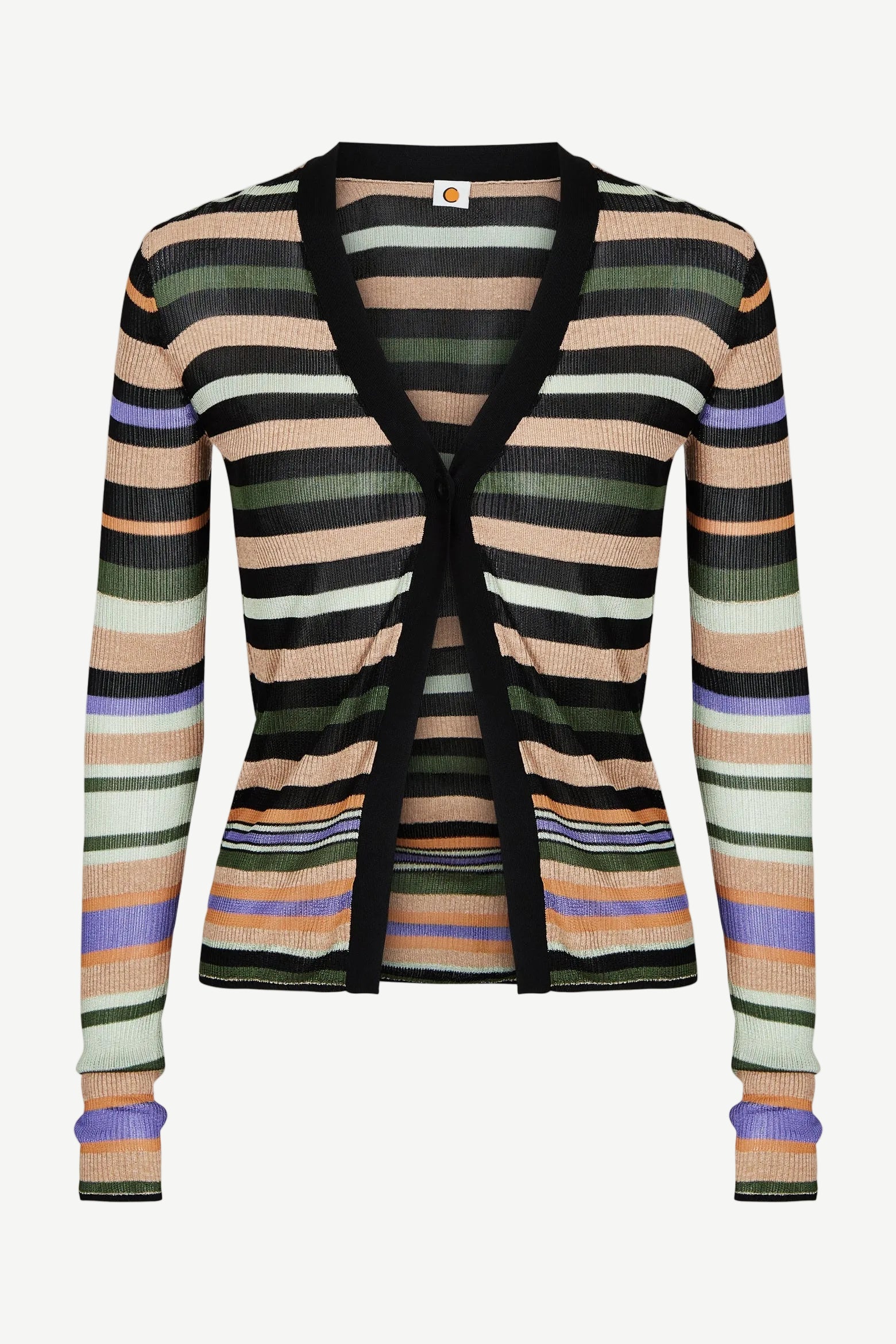 Introducing the Linear Cardigan: a long-sleeve, rib knitted cardigan featuring horizontal stripes in black, green, white, beige, purple, and peach. With a black V-neck trim and an open front design, this stylish piece is crafted from recycled viscose for an eco-friendly touch.