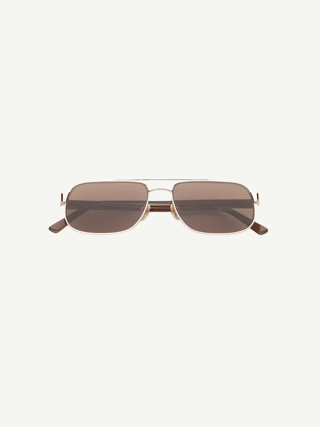 Evangeline sunglasses feature a rectangular gold metal frame with brown tinted lenses and slim arms, offering UV protection and crafted from durable stainless steel, presented on a white background facing forward.