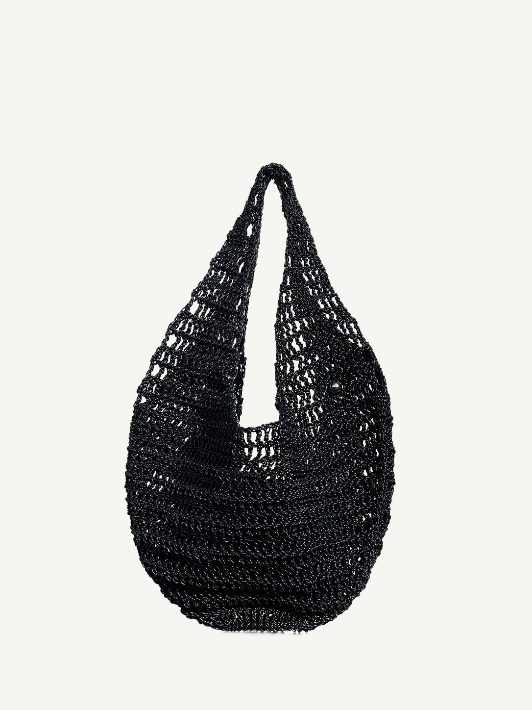 The Market Net Bag is a black, hand-crocheted shoulder bag featuring an open, net-like pattern and a rounded shape, shown against a plain white background.