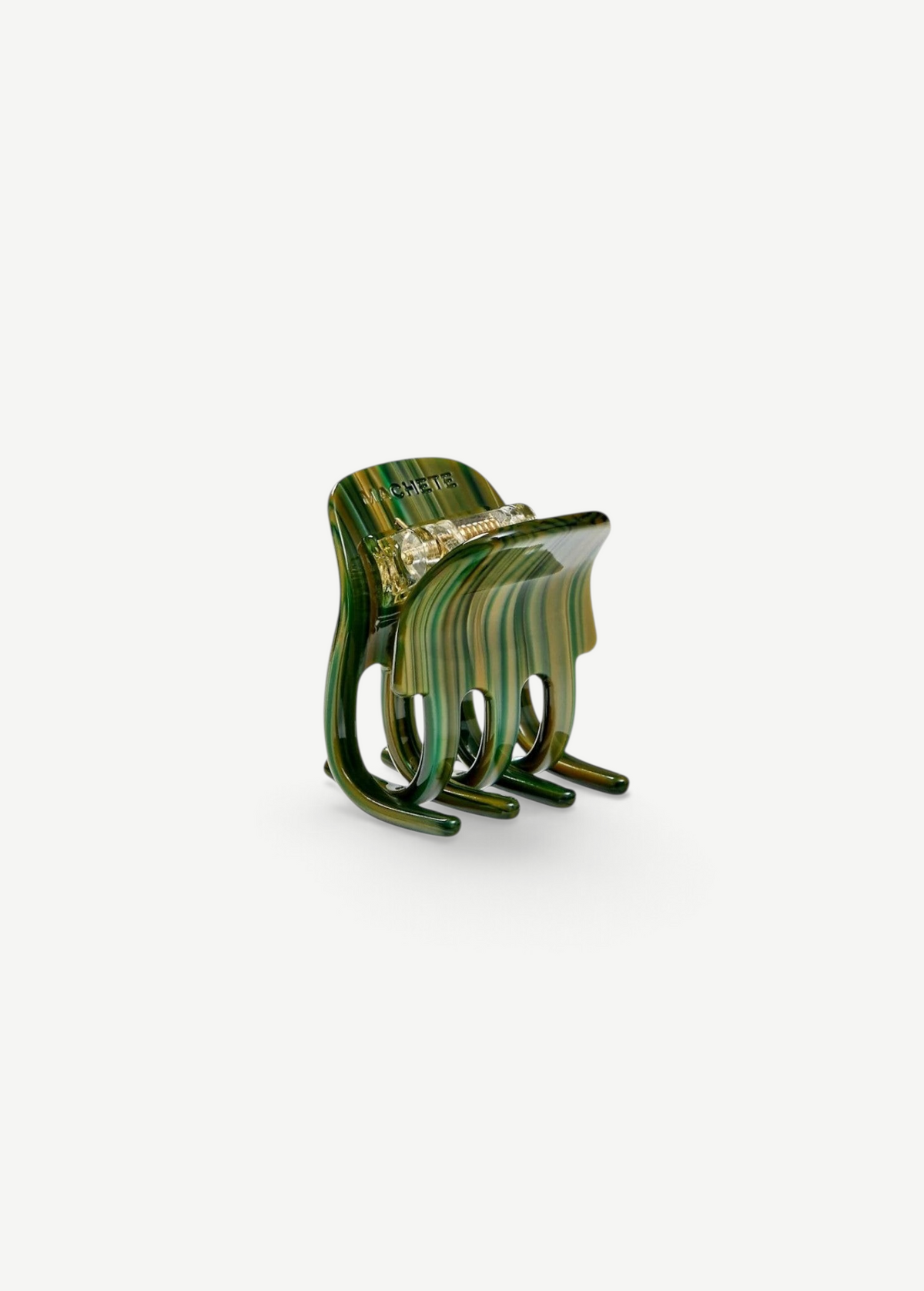 KABE SHOP INC mini claw hair clip in green and brown striped Italian bio-acetate with a secure grip