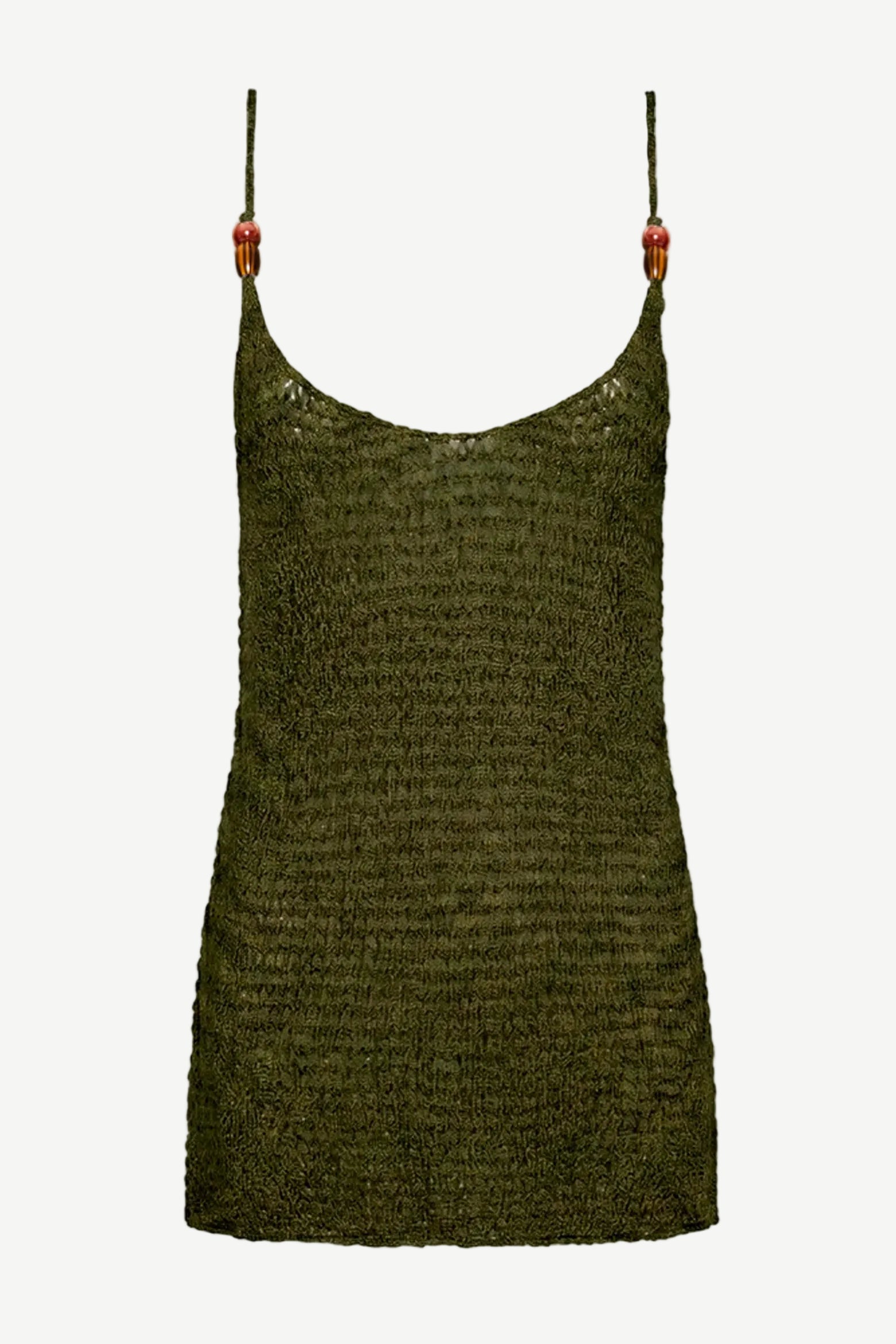 Mira Dress, an olive green crochet tank dress featuring thin straps adorned with small earth tone beads at the strap-to-bodice connection, displayed on a plain white background.