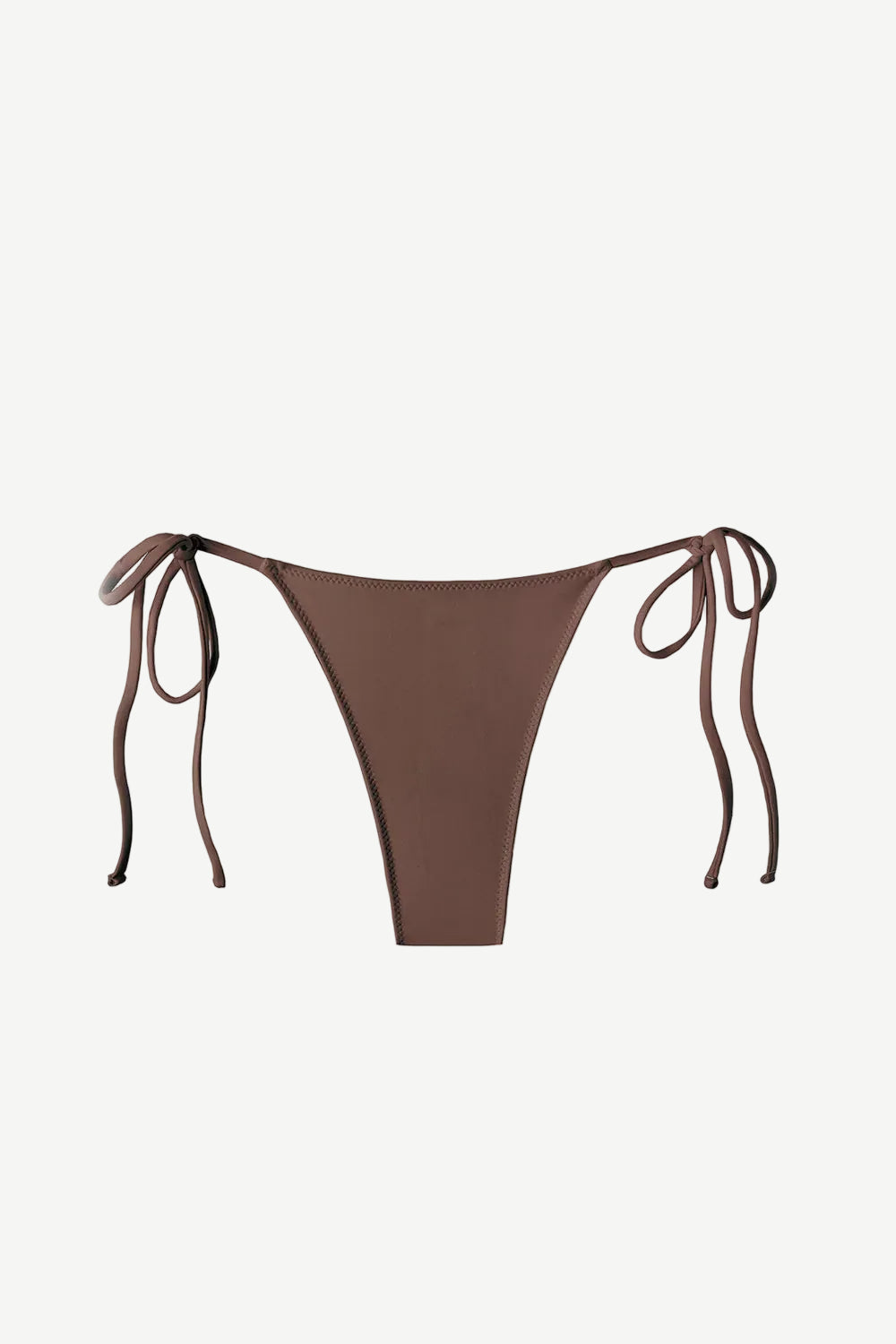 The Praia Bottom, a brown triangle bikini bottom featuring high-cut legs and adjustable side ties, is crafted from eco-friendly ECONYL® regenerated nylon and displayed on a plain white background.