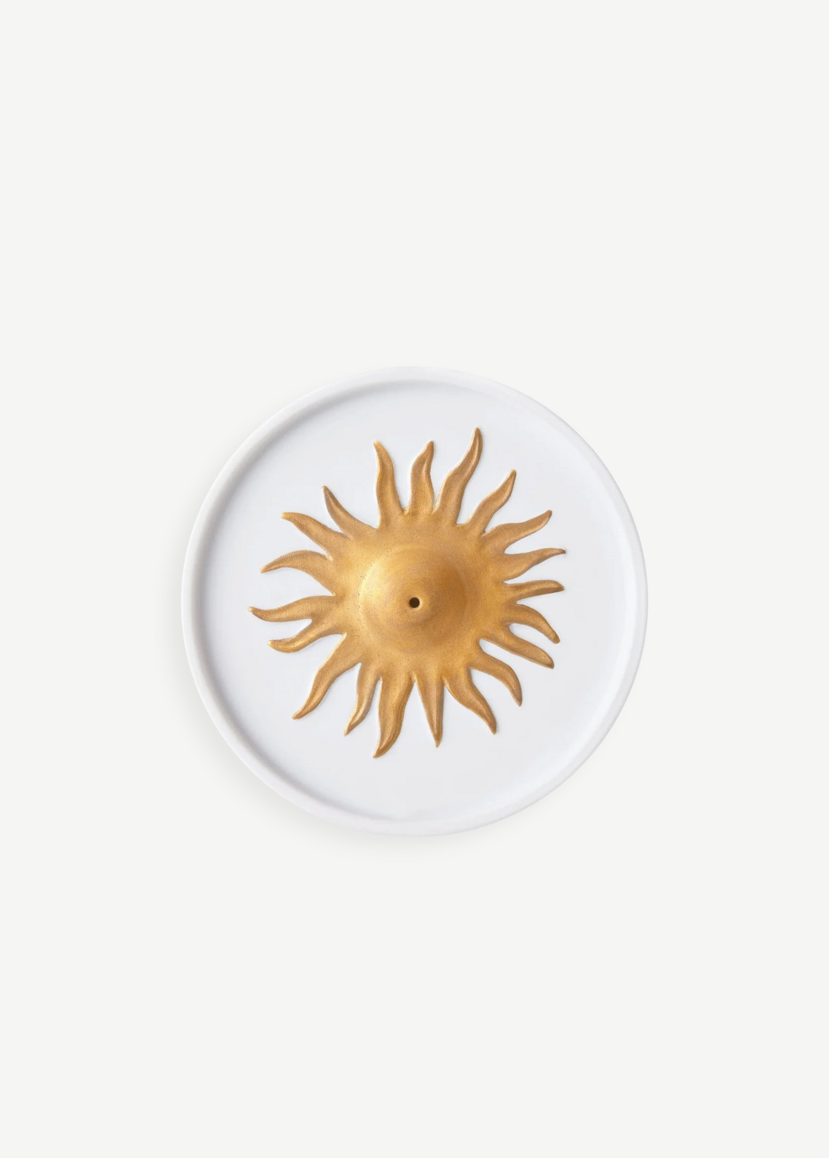 KABE SHOP INC Soleil porcelain incense holder with a gold hand-painted sun motif on a white circular base.