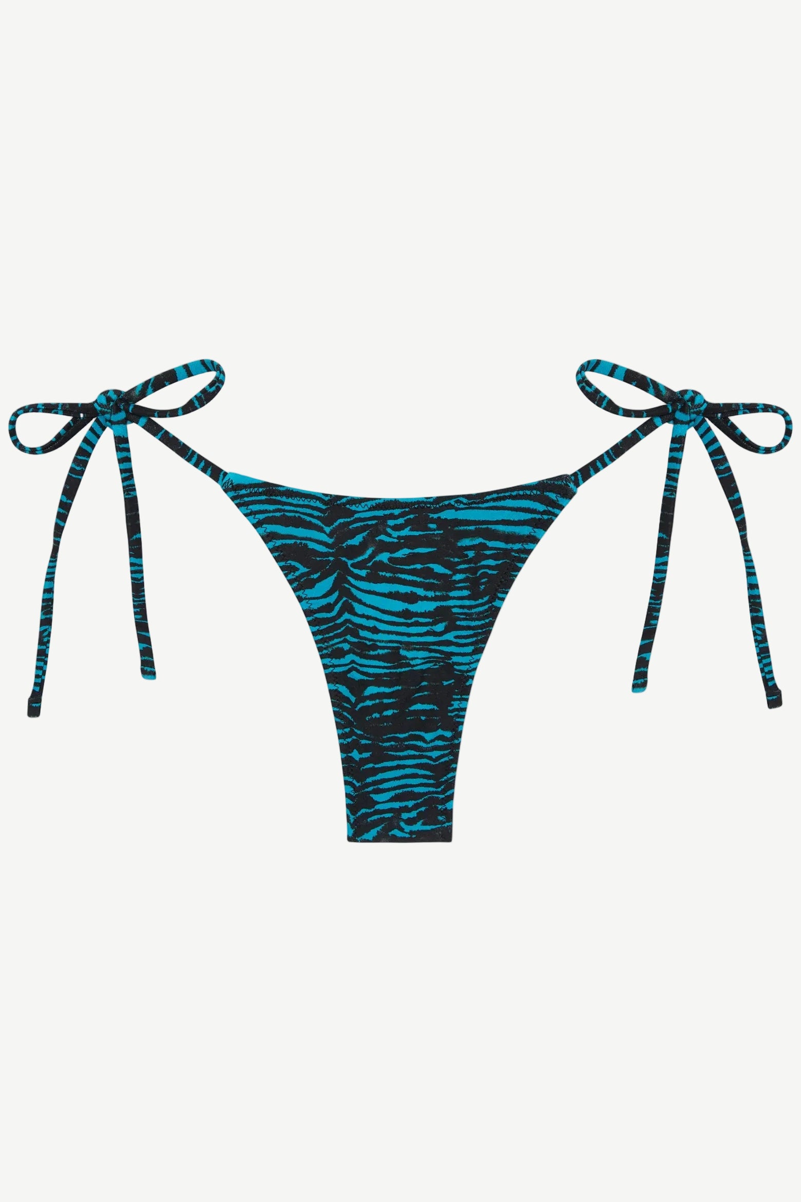 Praia Bottom in blue and black tiger print, an adjustable tie bikini bottom crafted from recycled polyamide for eco-friendly swimwear, displayed on a white background.