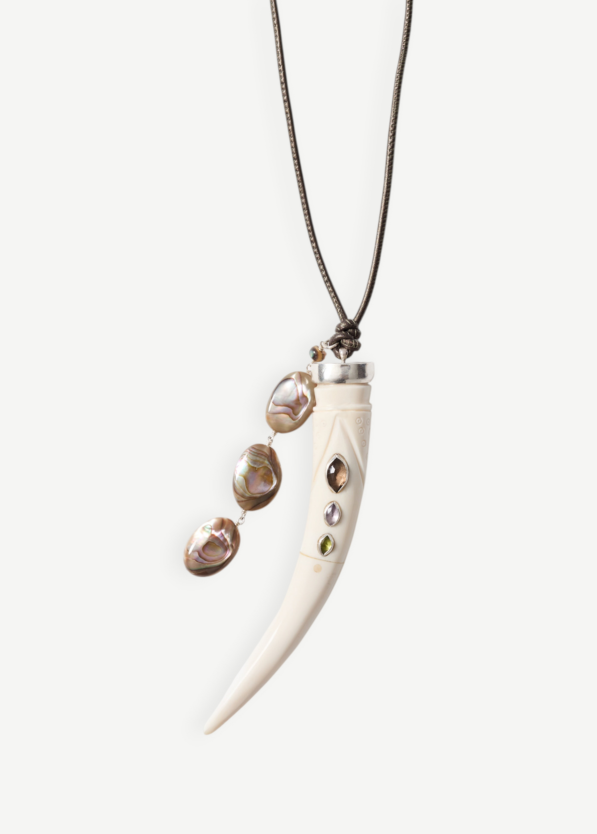 KABE SHOP INC bone pendant necklace with colorful stone inlays and a cascading abalone shell tassel on a cord