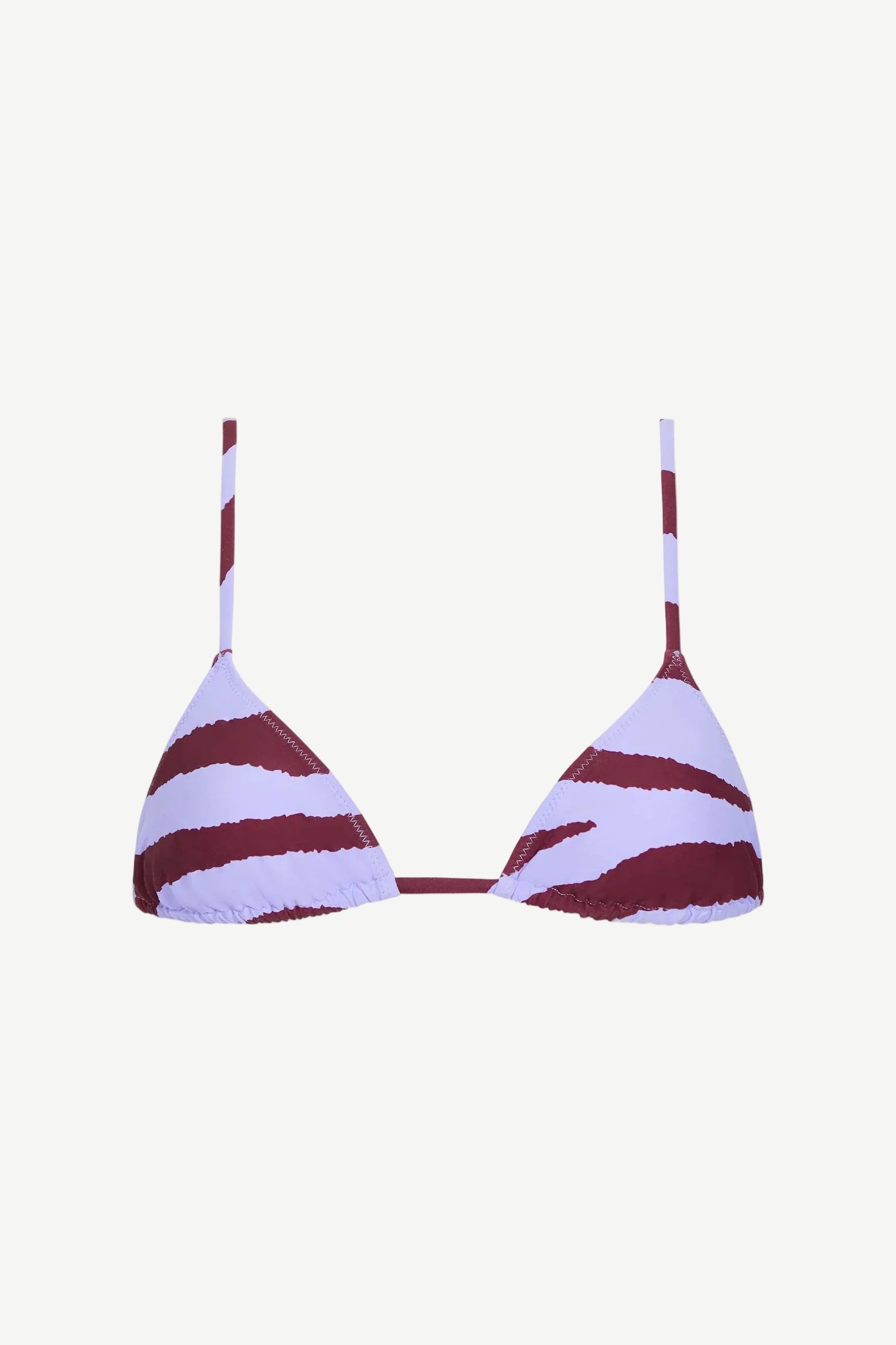 Introducing the Equator Top—a triangle bikini top with thin straps, featuring a white base adorned with dark red zebra-like stripes. Crafted from eco-friendly swimwear materials using ECONYL regenerated polyamide, the Equator Top is both stylish and sustainable.