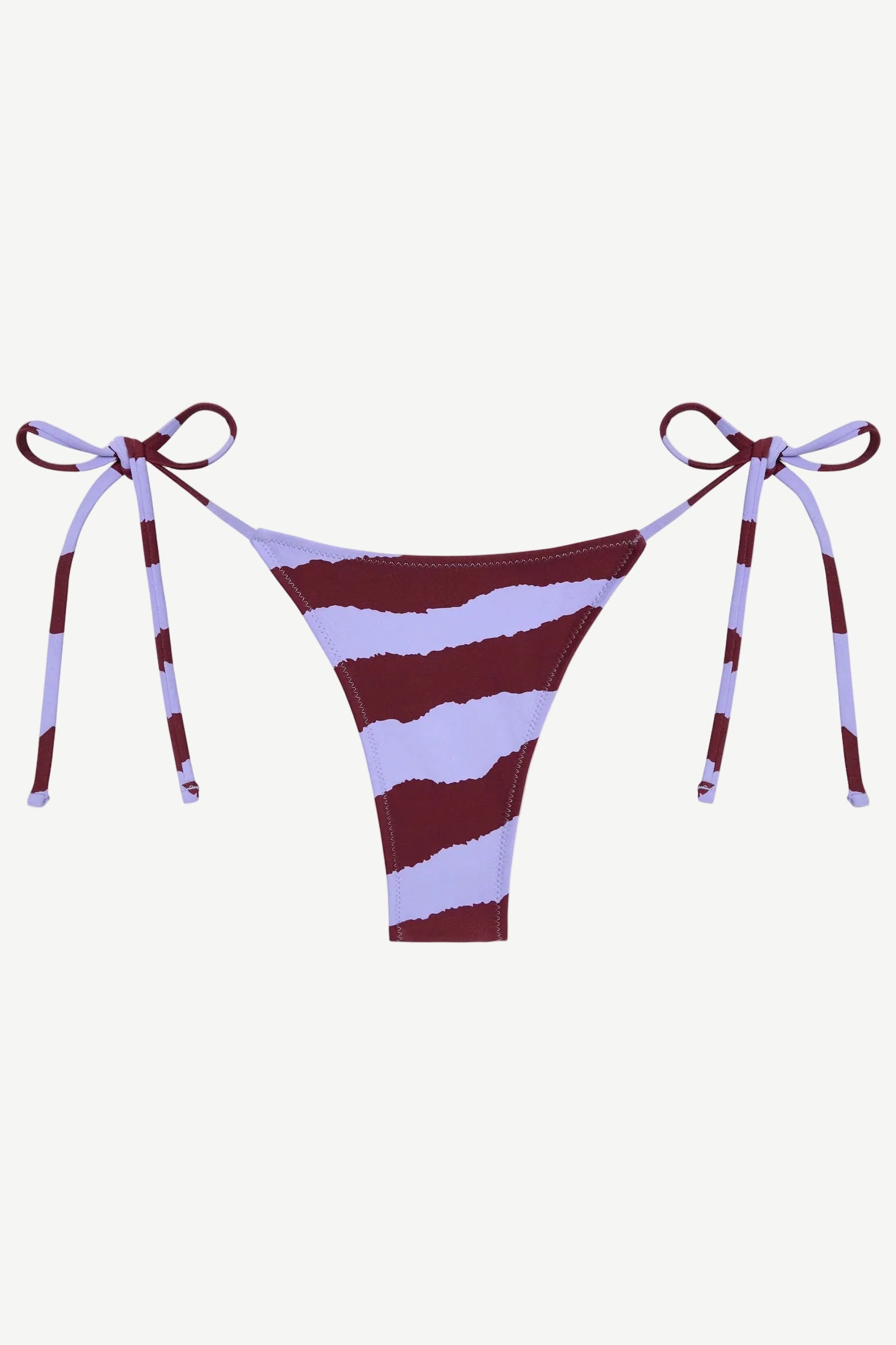 Introducing the Praia Bottom: a bikini bottom with maroon and light purple diagonal stripes, featuring adjustable side ties with bows on both hips, crafted from our eco-friendly Peach Perfect swimwear fabric.