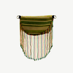 KABE SHOP INC Baubau Rio bag in green striped fabric with long, colorful beaded fringe detailing.