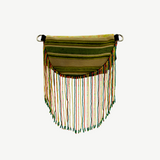 KABE SHOP INC Baubau Rio bag in green striped fabric with long, colorful beaded fringe detailing.