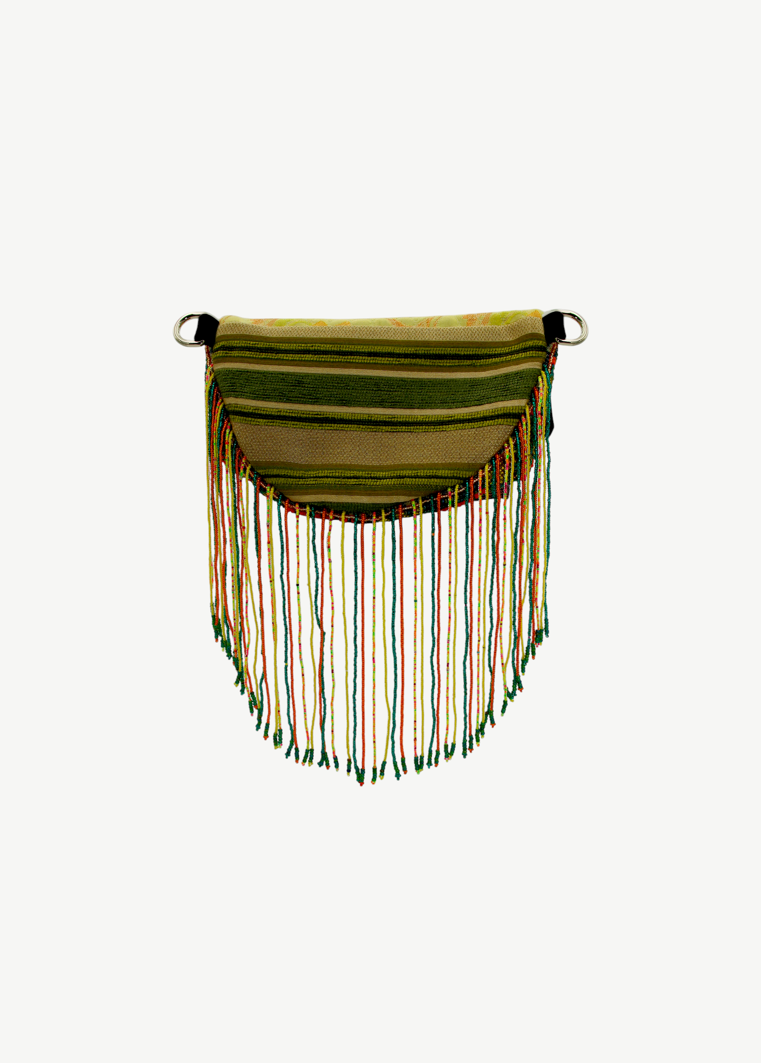 KABE SHOP INC Baubau Rio bag in green striped fabric with long, colorful beaded fringe detailing.