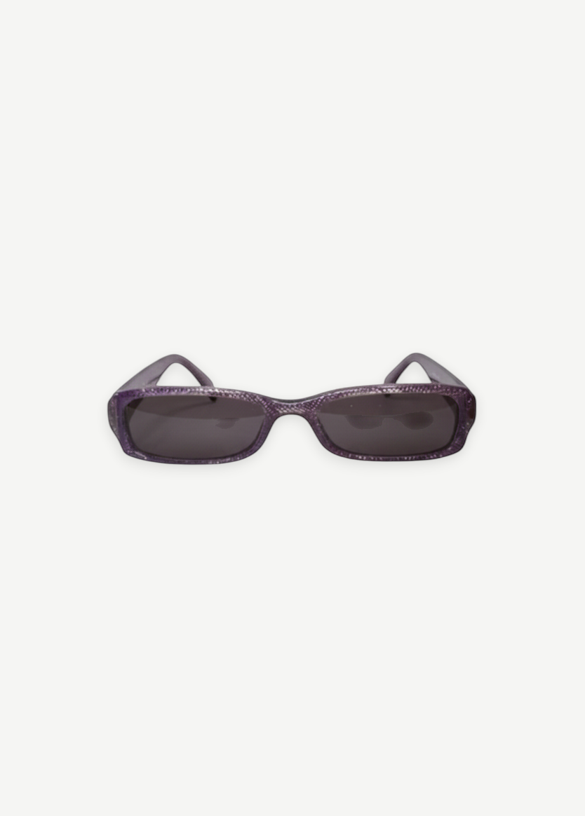 KABE SHOP INC pre-owned Chanel rectangular sunglasses in a deep purple glitter finish with dark tinted lenses.