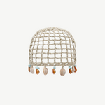 KABE SHOP INC Zahi artisanal skullcap in beige crochet with hanging seashell and turquoise stone embellishments