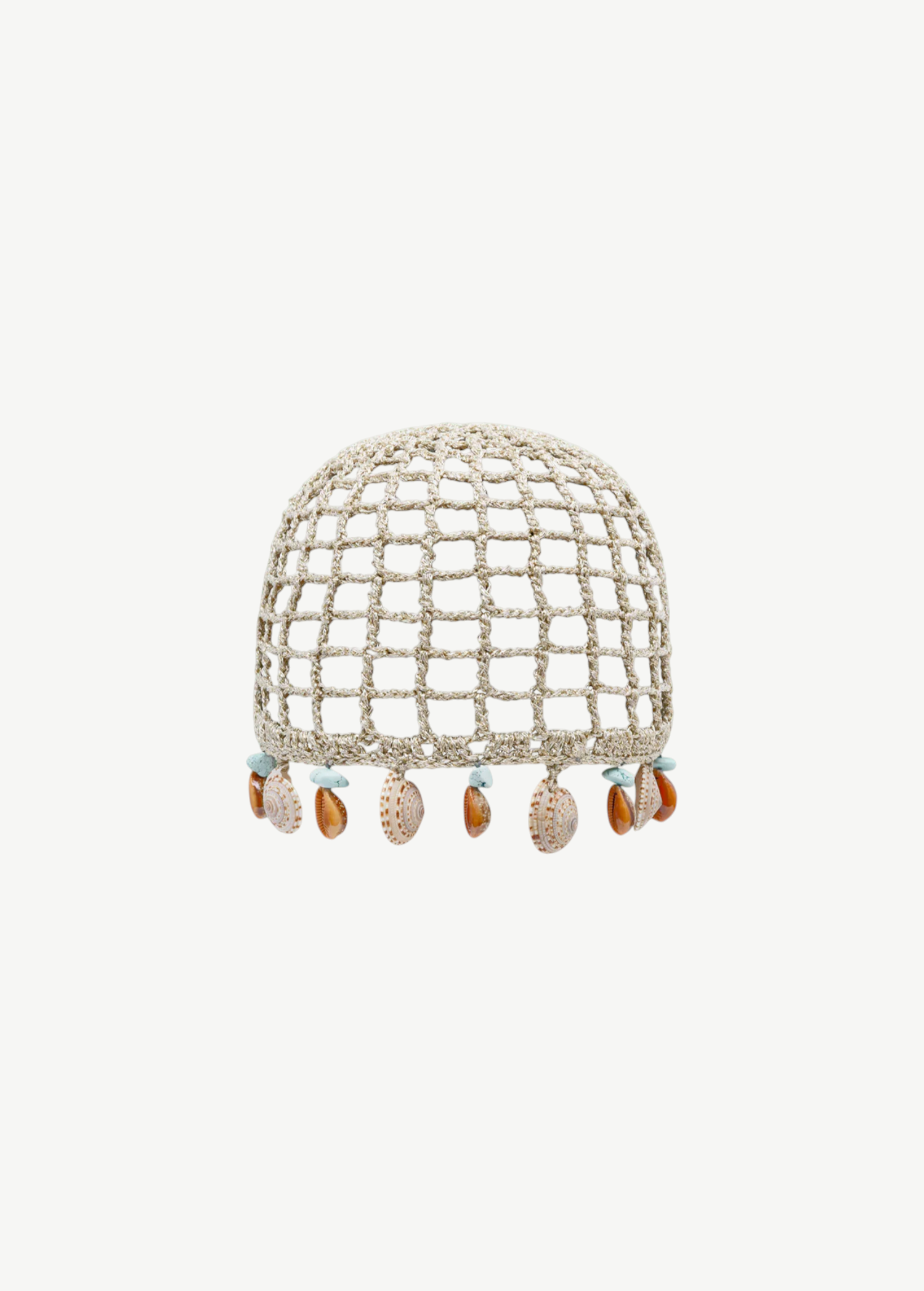 KABE SHOP INC Zahi artisanal skullcap in beige crochet with hanging seashell and turquoise stone embellishments