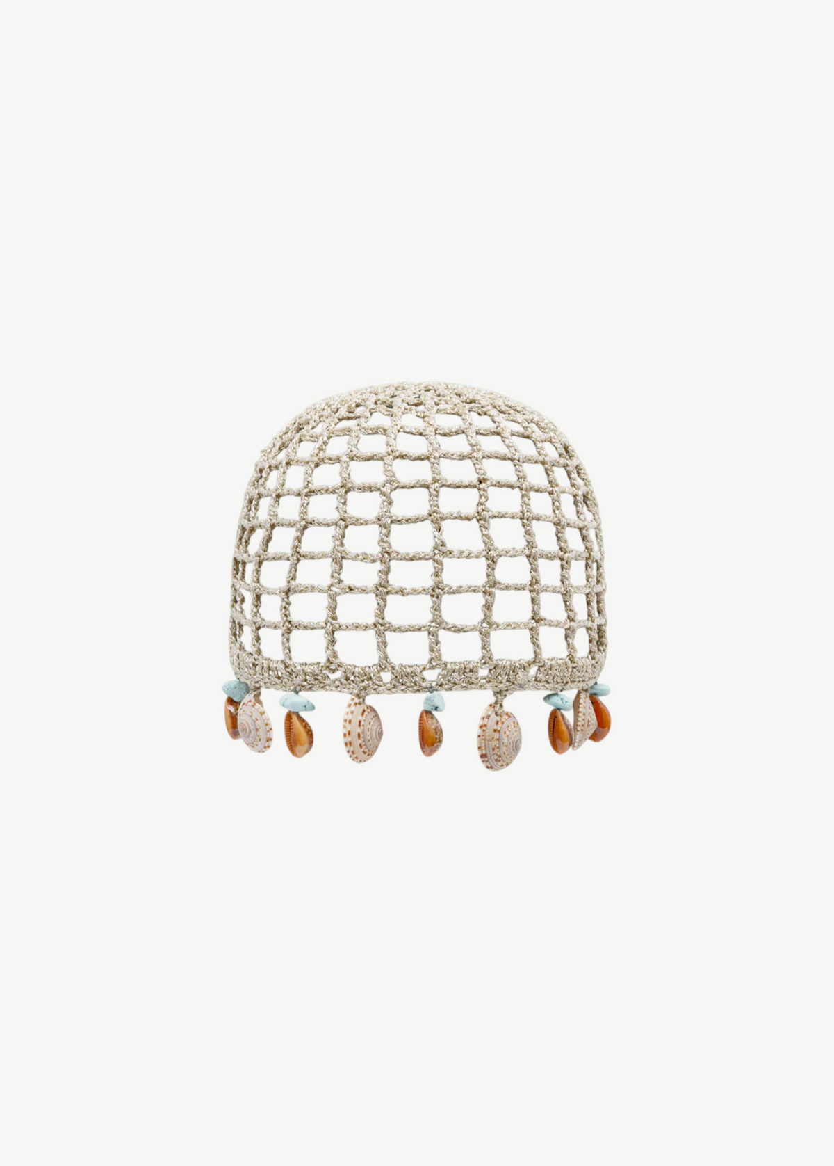 KABE SHOP INC Zahi artisanal skullcap in beige crochet with hanging seashell and turquoise stone embellishments