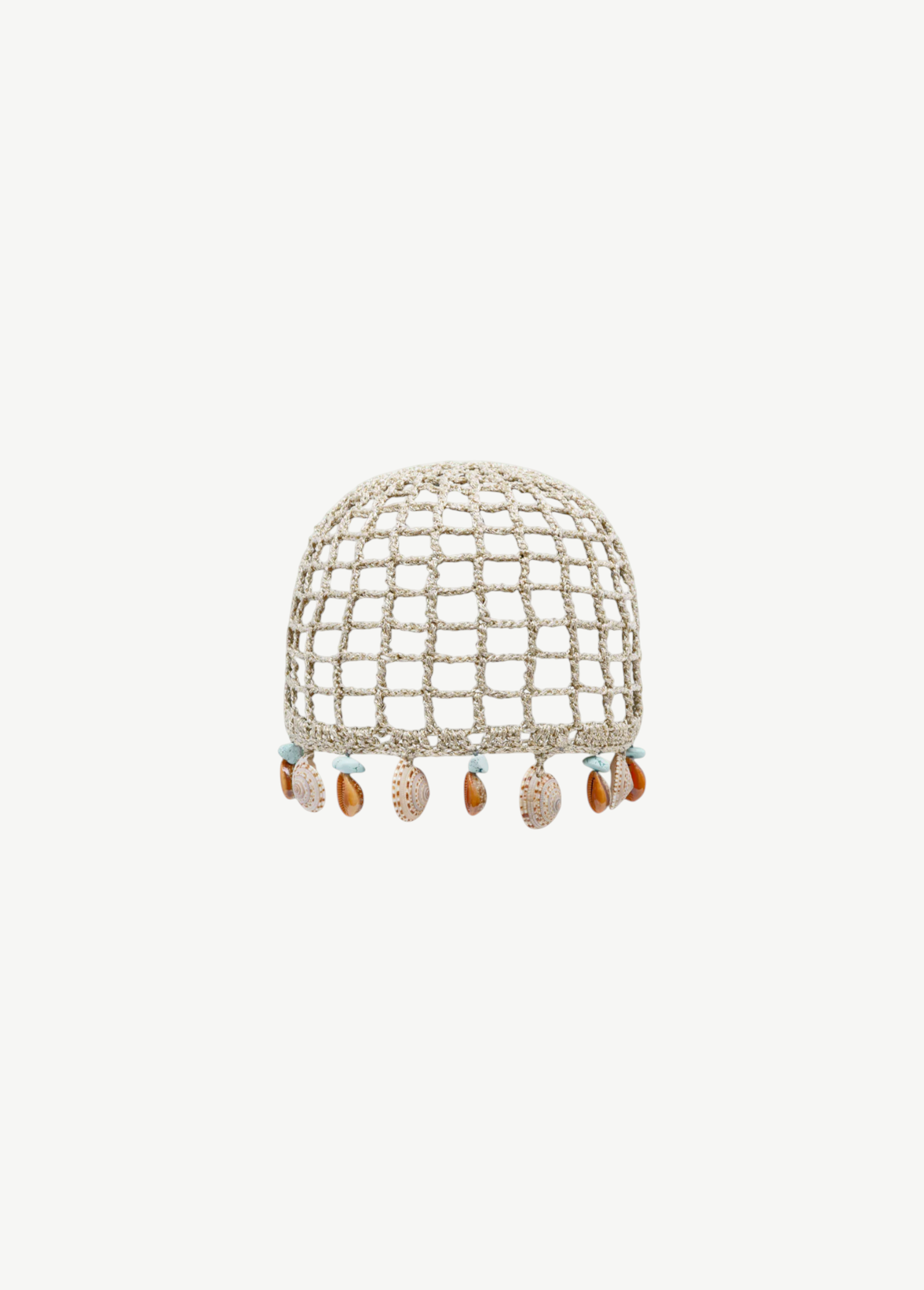 KABE SHOP INC Zahi artisanal skullcap in beige crochet with hanging seashell and turquoise stone embellishments