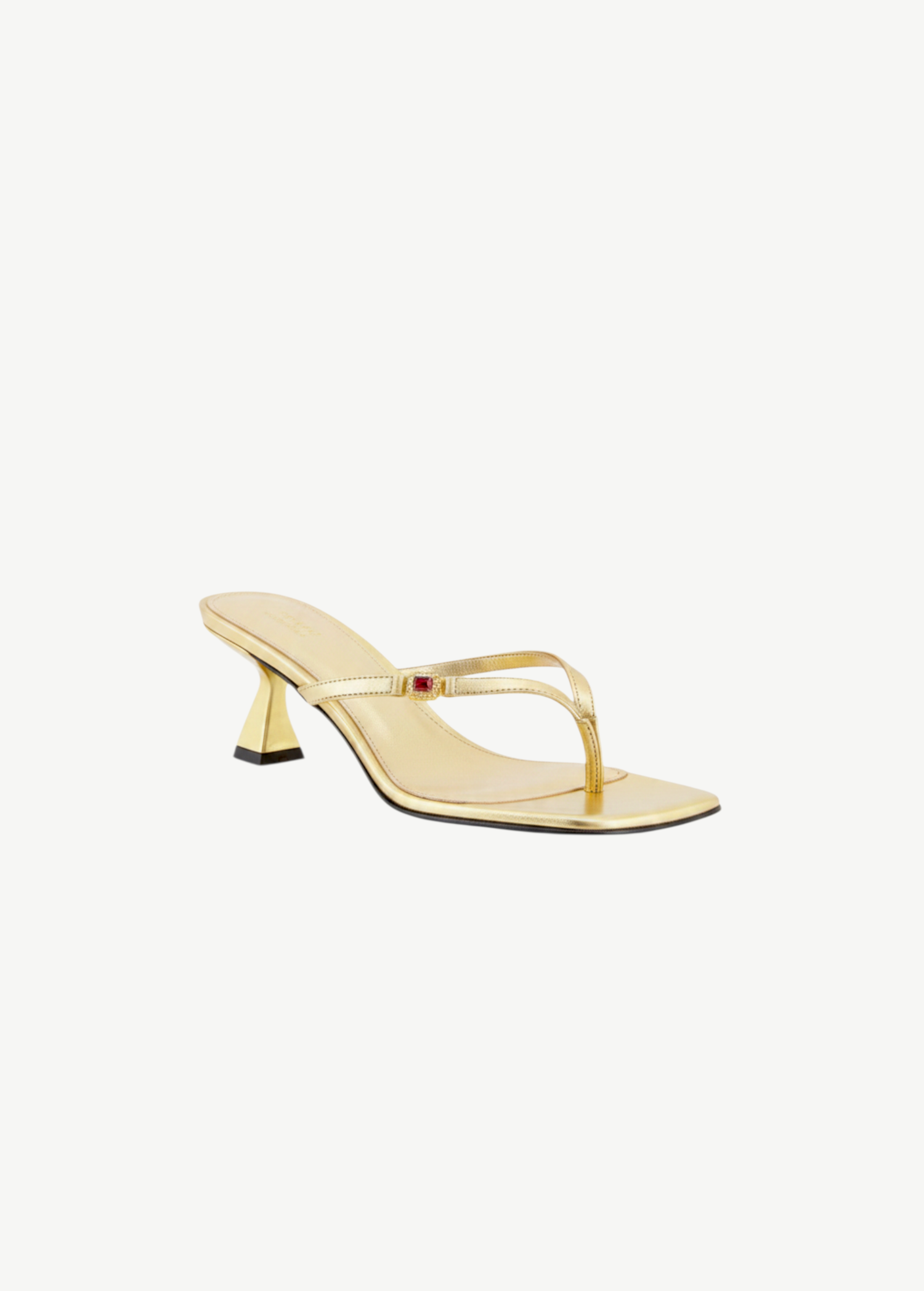 KABE SHOP INC Dona Ruby 55 gold toe-strap mule sandal with a red jewel accent and sculptural 50mm heel