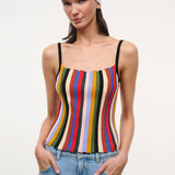 A person wearing a white headscarf and a multicolored striped Skye Tank with thin black straps.