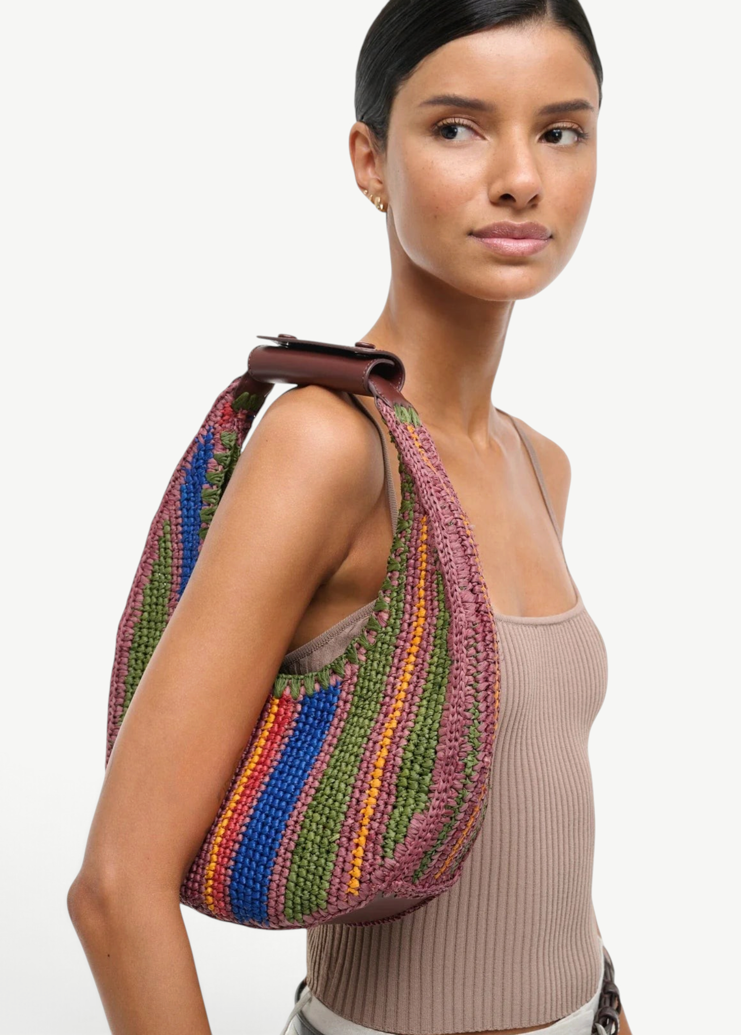 KABE SHOP INC Moon Tote bag featuring a multi-colored striped woven design with a brown leather shoulder strap