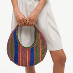 KABE SHOP INC Moon Tote bag featuring a crescent shape with vibrant multi-coloured vertical stripes in woven material
