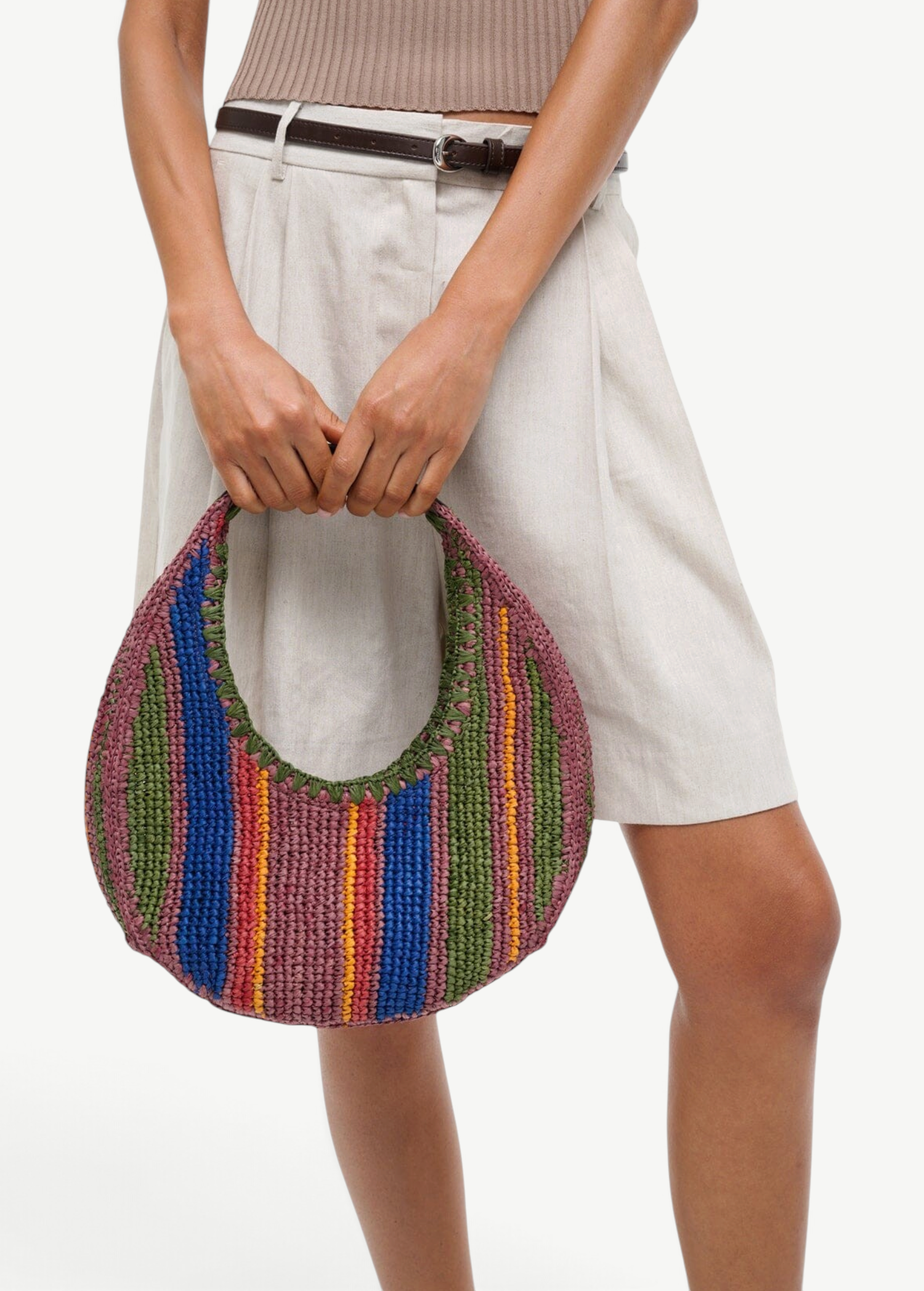 KABE SHOP INC Moon Tote bag featuring a crescent shape with vibrant multi-coloured vertical stripes in woven material