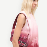 KABE SHOP INC Tommy beaded shoulder bag featuring a pink and burgundy California-inspired palm tree seasonal print.
