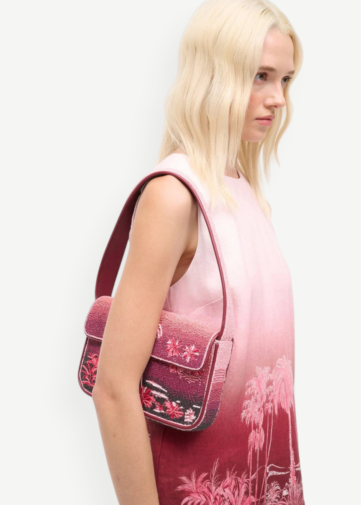 KABE SHOP INC Tommy beaded shoulder bag featuring a pink and burgundy California-inspired palm tree seasonal print.