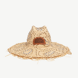 KABE SHOP INC Pan De Azúcar handcrafted raffia hat with natural texture, frayed brim, and brown leather logo patch.