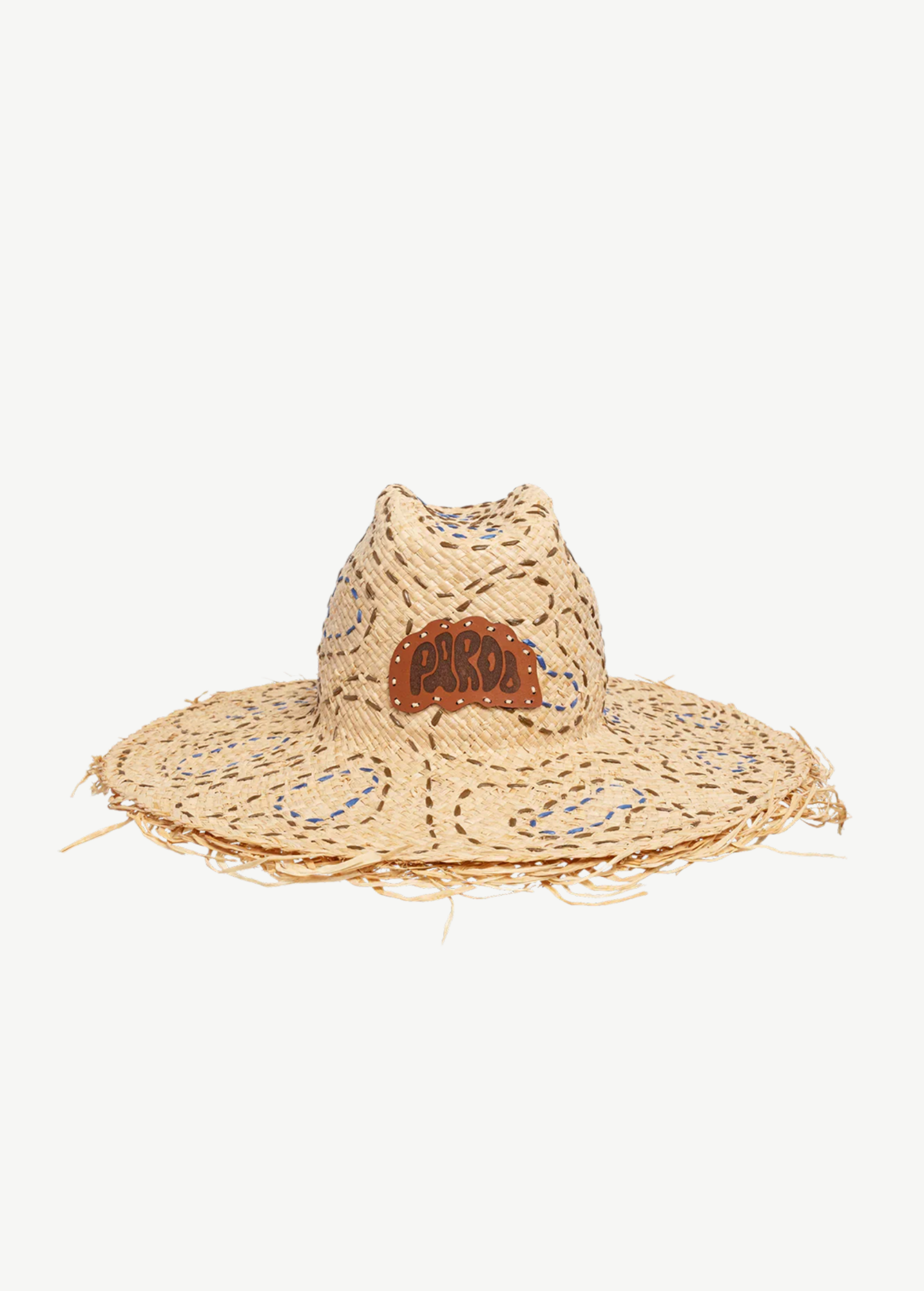KABE SHOP INC Pan De Azúcar handcrafted raffia hat with natural texture, frayed brim, and brown leather logo patch.