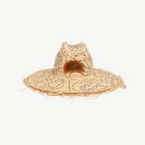 KABE SHOP INC Pan De Azúcar handcrafted raffia hat with natural texture, frayed brim, and brown leather logo patch.