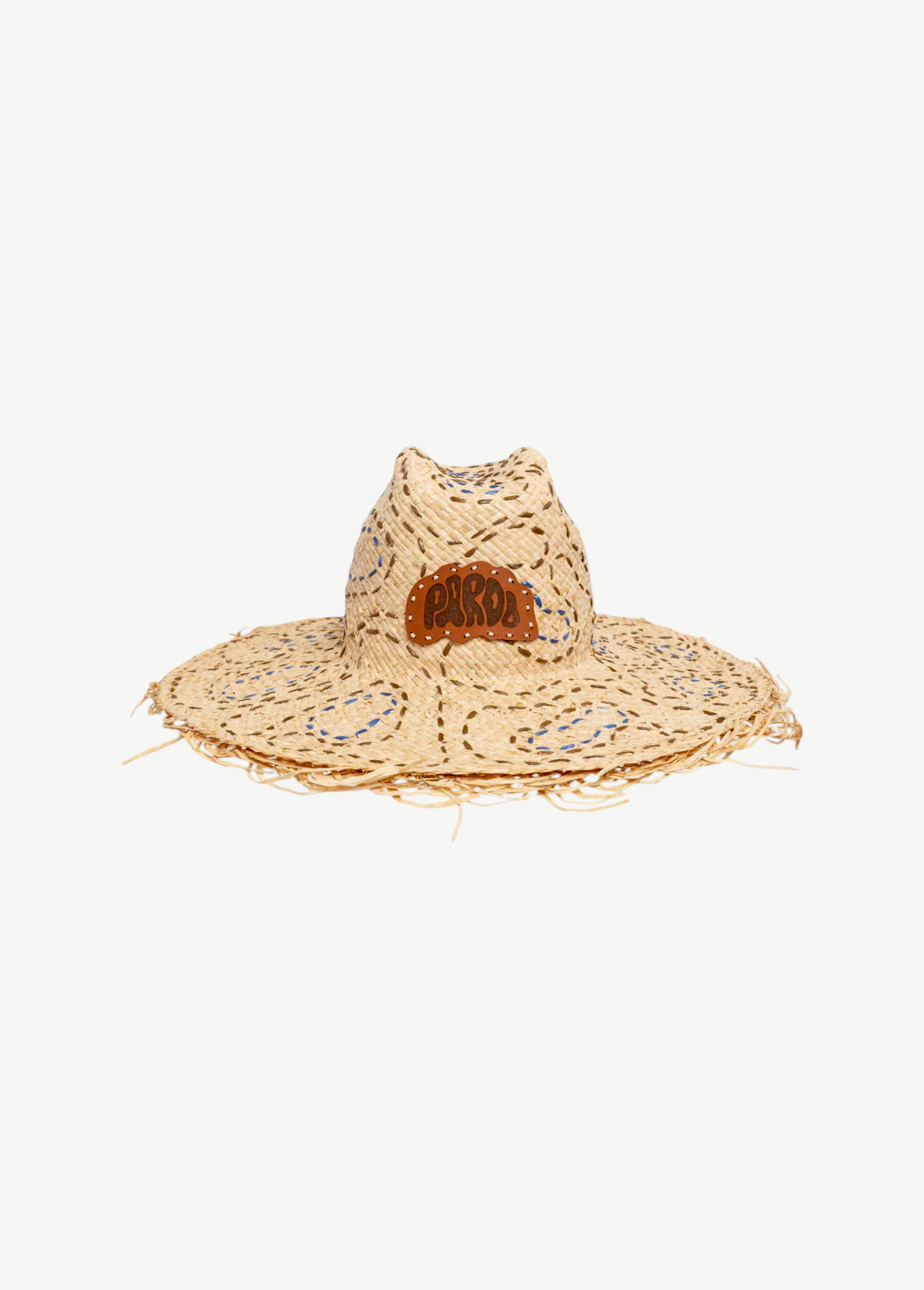 KABE SHOP INC Pan De Azúcar handcrafted raffia hat with natural texture, frayed brim, and brown leather logo patch.