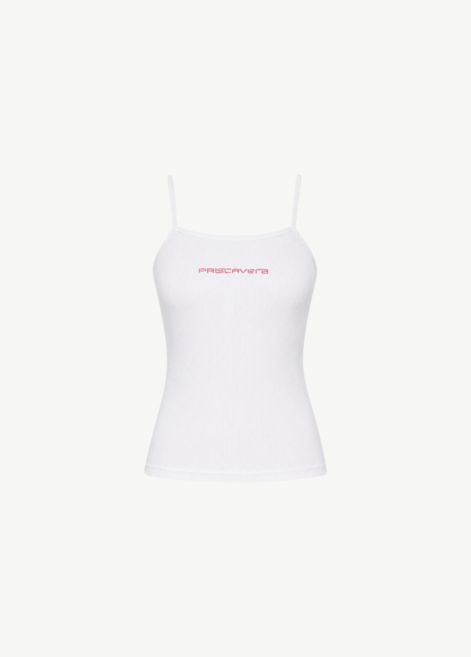 KABE SHOP INC white ribbed cami top with thin straps and pink logo graphic on the chest