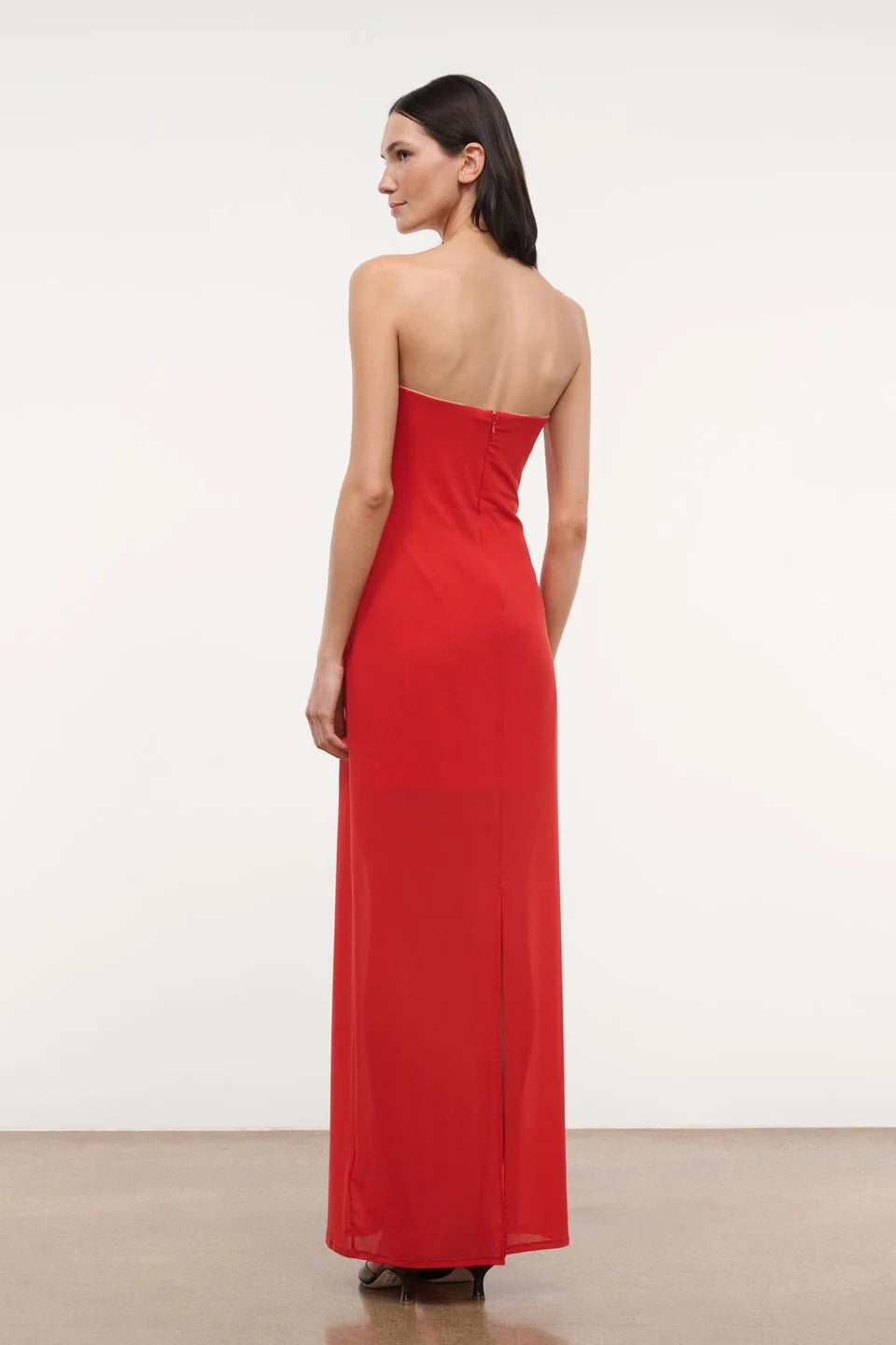 A person viewed from behind wearing the floor-length red Liliana Dress, a strapless gown perfect for special occasions.