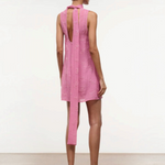 Back view of the pink Mini Albee Dress, a sleeveless mini dress with a low back, tie-neck detail, and floral embroidery.