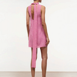 Back view of the pink Mini Albee Dress, a sleeveless mini dress with a low back, tie-neck detail, and floral embroidery.