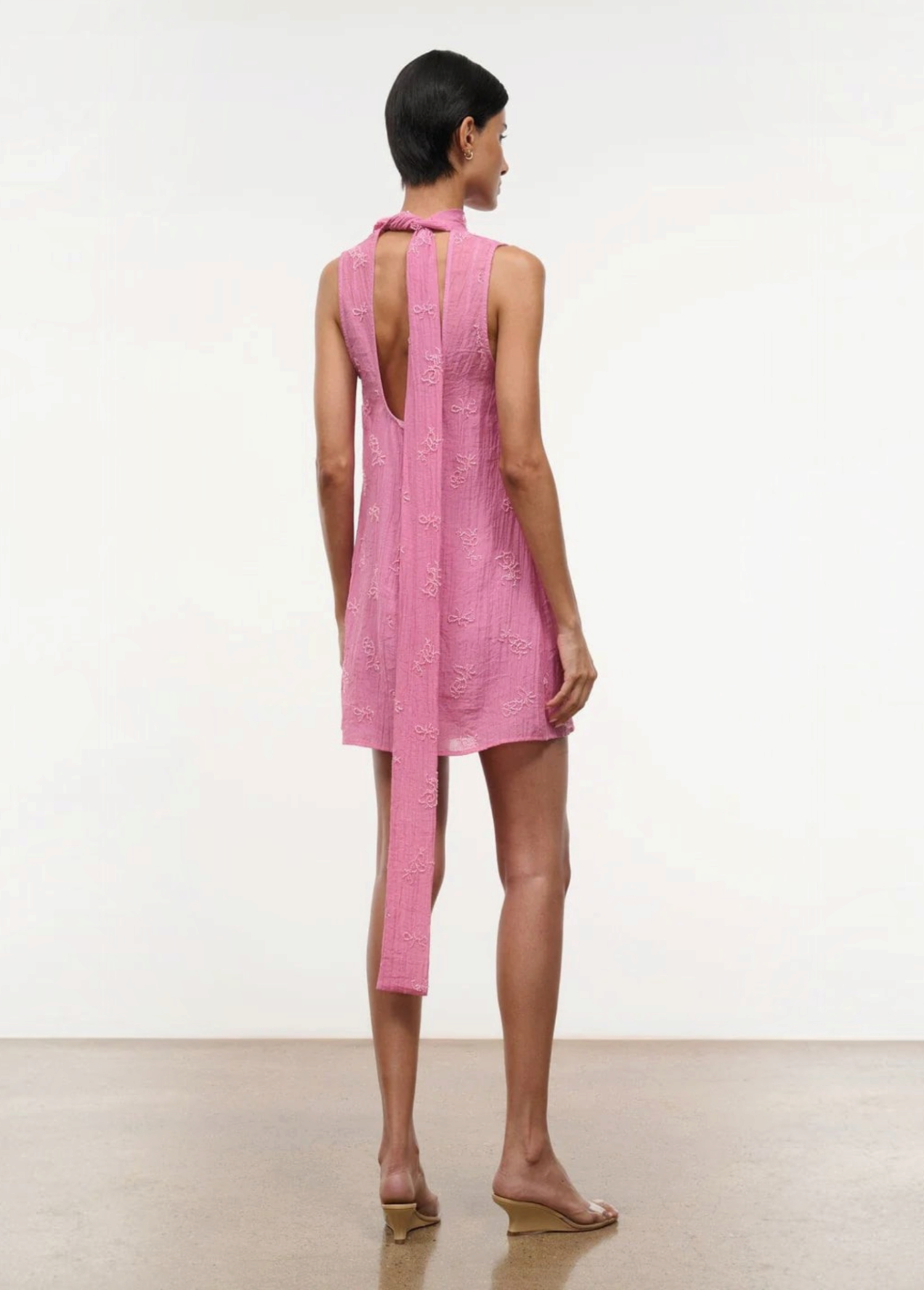 Back view of the pink Mini Albee Dress, a sleeveless mini dress with a low back, tie-neck detail, and floral embroidery.