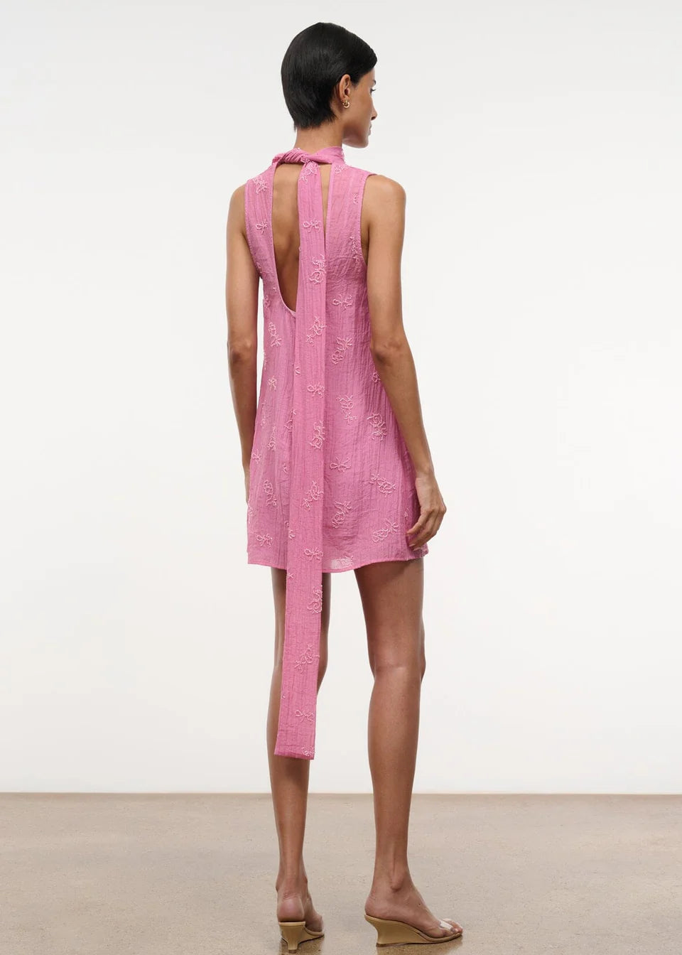 Back view of the pink Mini Albee Dress, a sleeveless mini dress with a low back, tie-neck detail, and floral embroidery.
