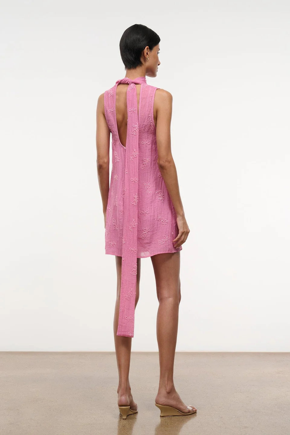 Back view of the pink Mini Albee Dress, a sleeveless mini dress with a low back, tie-neck detail, and floral embroidery.