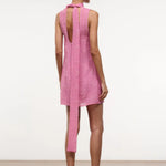 Back view of the pink Mini Albee Dress, a sleeveless mini dress with a low back, tie-neck detail, and floral embroidery.