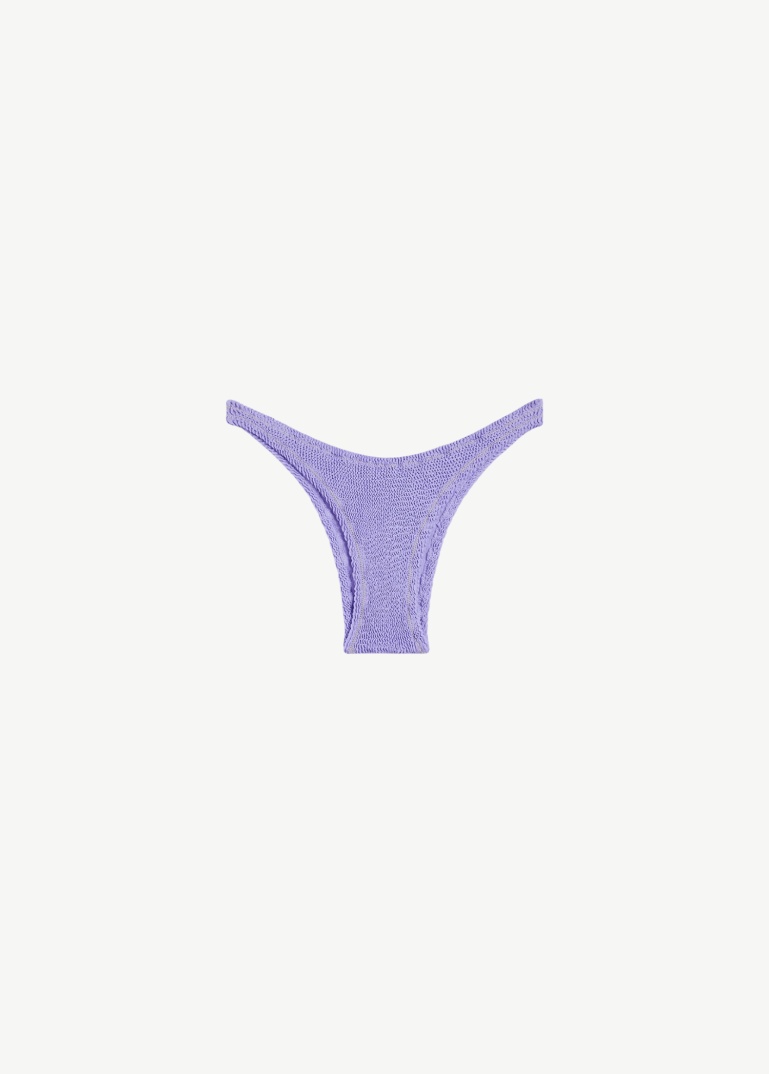 KABE SHOP INC Ginny bikini bottom in lavender with a textured, crinkled fabric and a cheeky, high-cut silhouette.