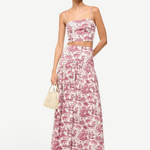 KABE SHOP INC Federico cropped tank top in pink and white toile de jouy print worn with a matching midi skirt