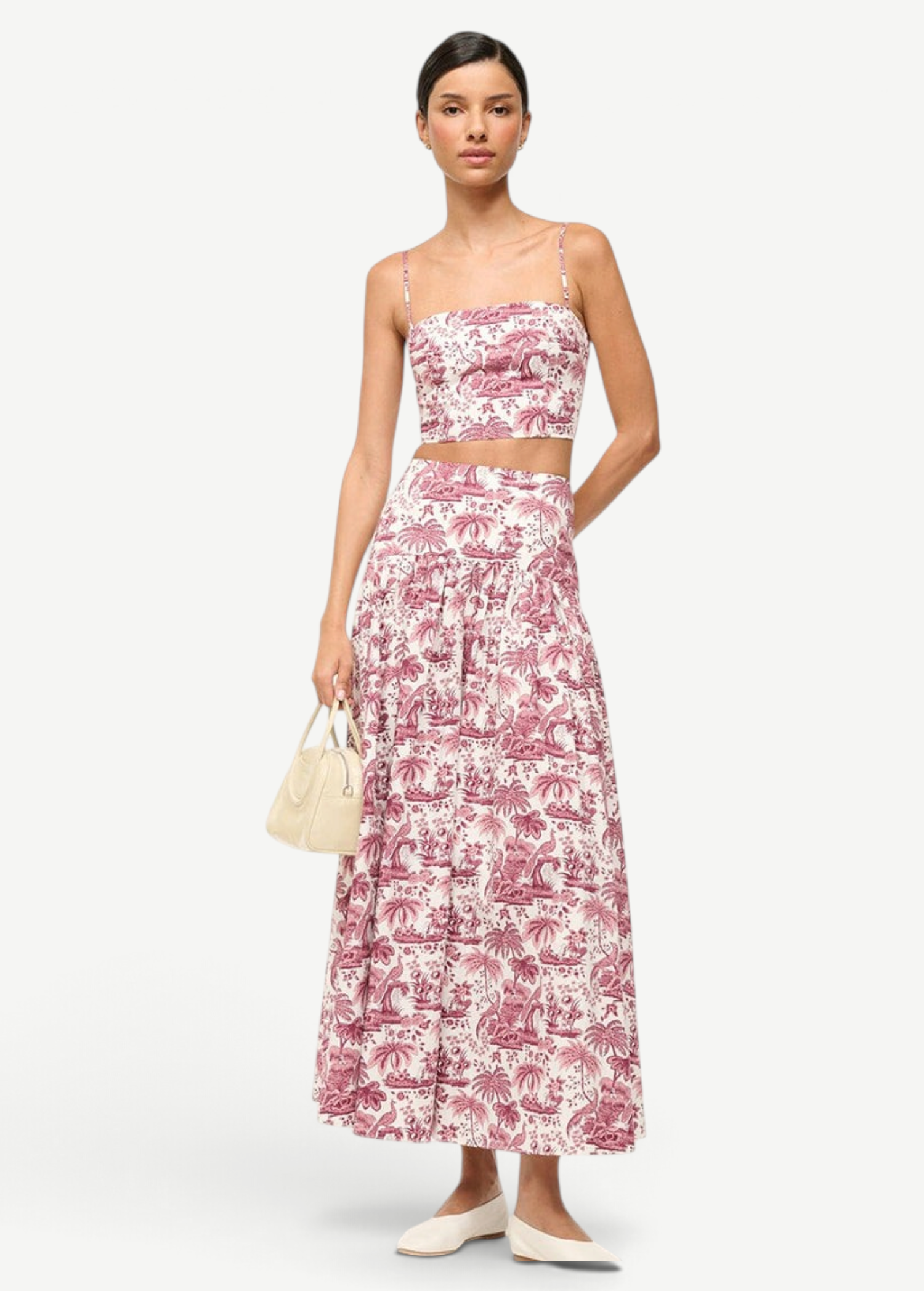 KABE SHOP INC Federico cropped tank top in pink and white toile de jouy print worn with a matching midi skirt