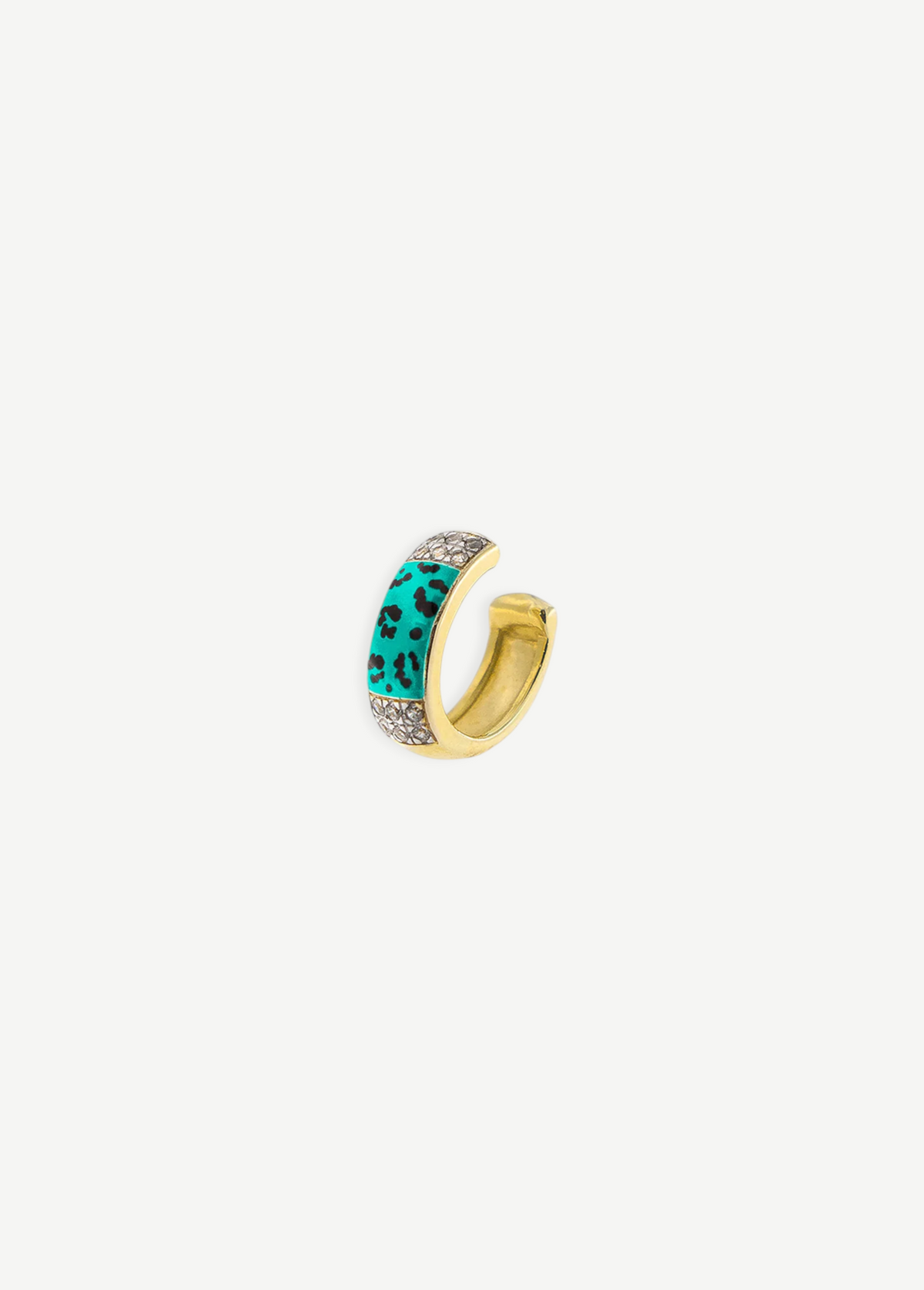 KABE SHOP INC gold ear cuff with turquoise leopard print enamel and sparkling zirconia stones, no piercing required.