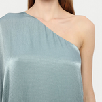 KABE SHOP INC Sonia one-shoulder maxi dress in a shimmering sage green textured fabric on a model
