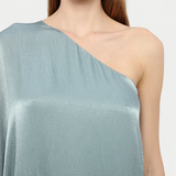 KABE SHOP INC Sonia one-shoulder maxi dress in a shimmering sage green textured fabric on a model