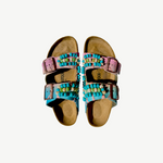 KABE SHOP INC hand-painted Birkenstocks with blue and pink leather straps, featuring artisanal beaded embroidery.