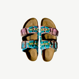 KABE SHOP INC hand-painted Birkenstocks with blue and pink leather straps, featuring artisanal beaded embroidery.